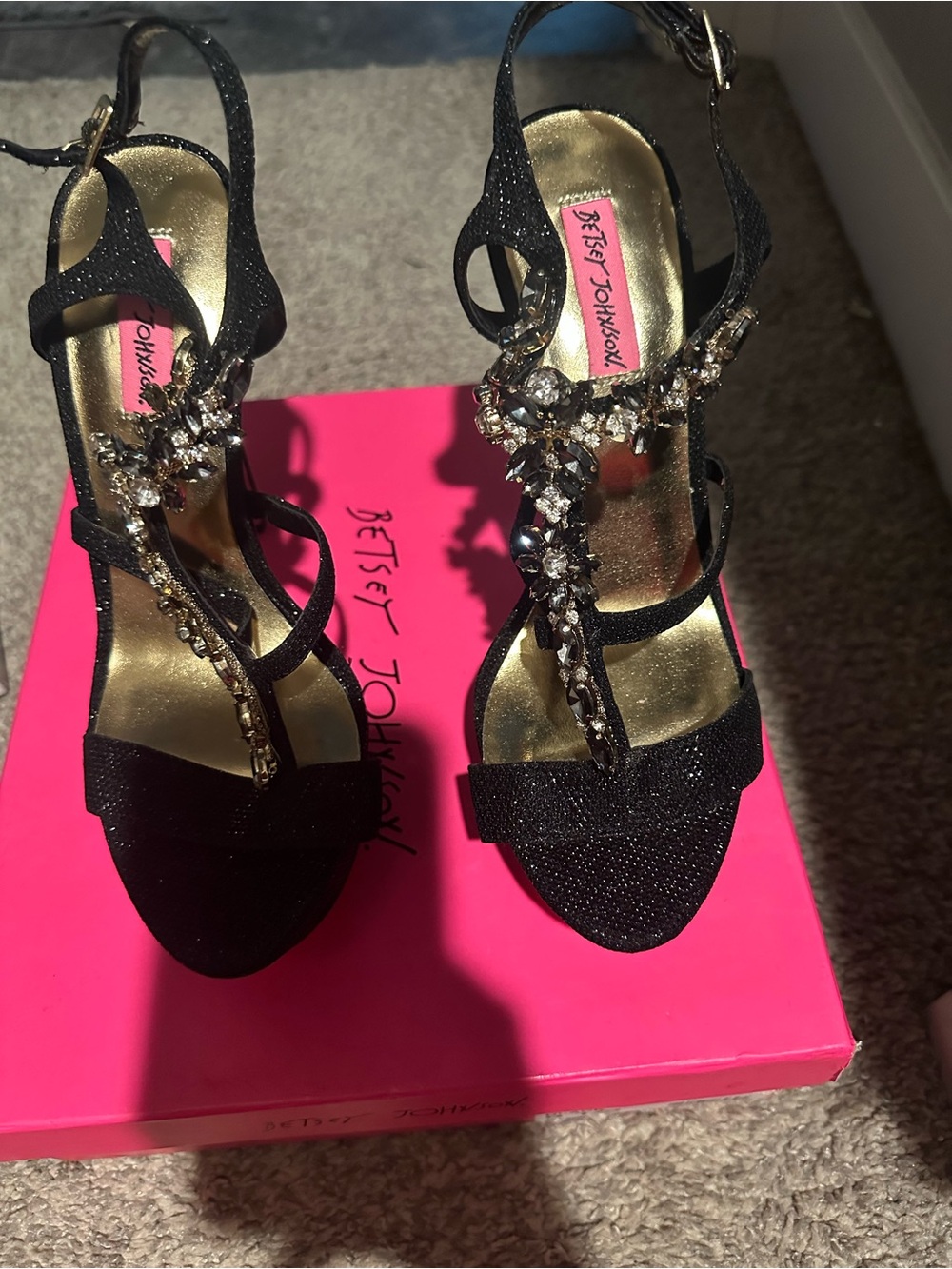Betsey Johnson Black Jeweled T-Strap Evening Heels